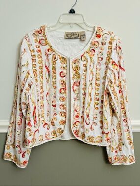 Life Style Petite White Cotton Embroidered Ribbon Textured Open Front Jacket  XL